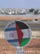 A Gush Shalom banner is held high during a joint Israeli-Palestinian-International demonstration in Kalquilia against Israel's apartheid wall.
