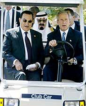 Presidents Bush and Mubarak, and King Fahd enjoy a game of golf while their respective countries plunge headlong into a fascist nightmare.