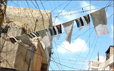 Palestinian flags woven into the electricity wires hanging over the streets of Ein el-Hilweh (Photo by Stefan Christoff) Palestinian flags woven into the electricity wires hanging over the streets of Ein el-Hilweh (Photo by Stefan Christoff)